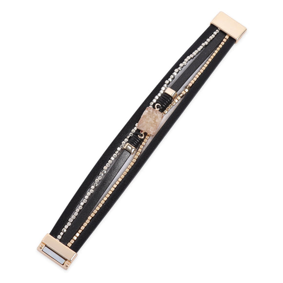 Black Leather Wrap With Stone Charm Magnetic Lock Bracelet