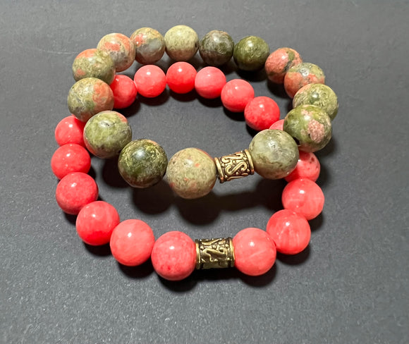 Green and Coral Gemstone Bracelet